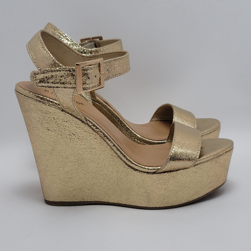 Bamboo Platform High Wedge Heels Ankle Strap Round Toe Metallic Gold Sandal Sz 8